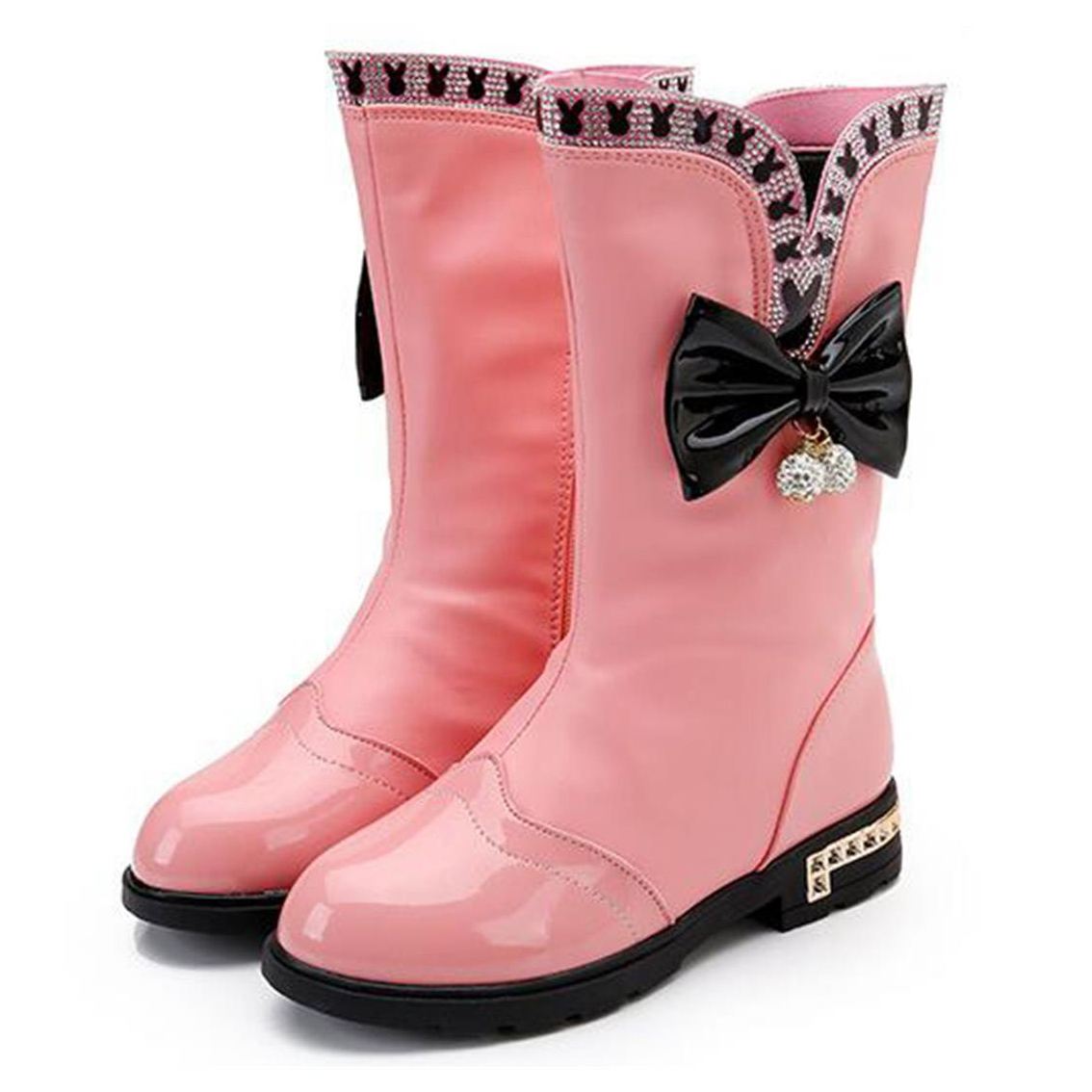 Girl's Waterproof Lace Bowknot Side Zipper Fur Lined Tall Boots 